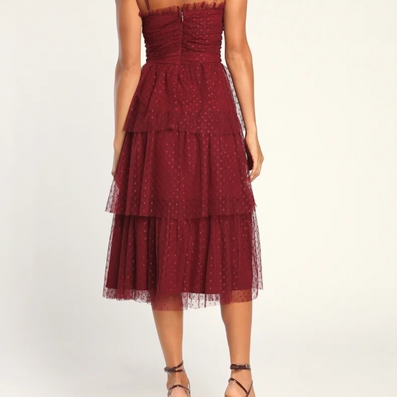 NWT Lulu's Sweetheart Style Burgundy Polka Dot Bustier Tiered Midi Dress Size L - Picture 2 of 16